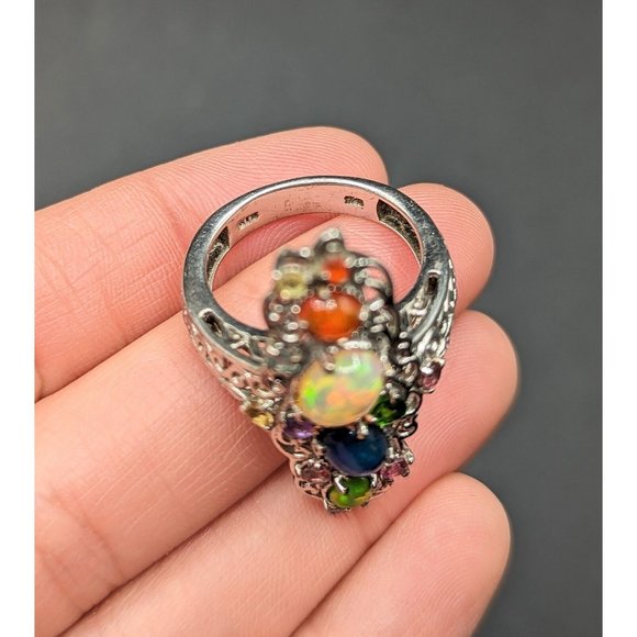 Sterling Silver 925 Multicolor Gemstone Opal Cocktail Statement Ring Size 8 - Picture 8 of 12